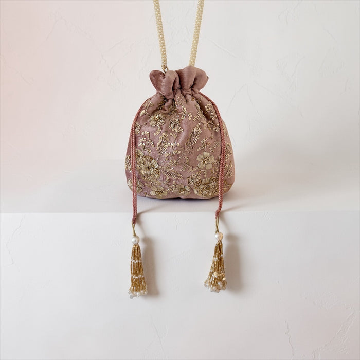 Dusty Pink Zardozi Work Bridal Potli Bag: Wedding Evening Bag
