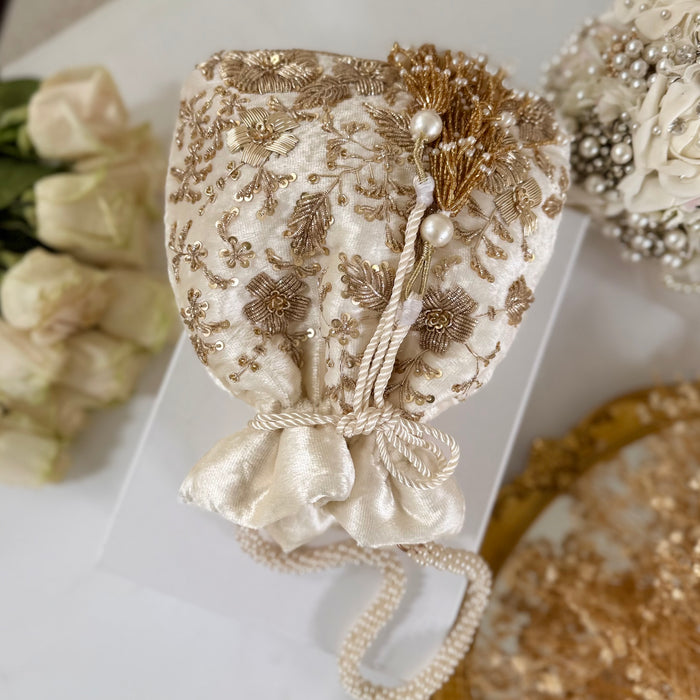 Ivory Zardozi Work Bridal Potli Bag: Wedding Evening Bag