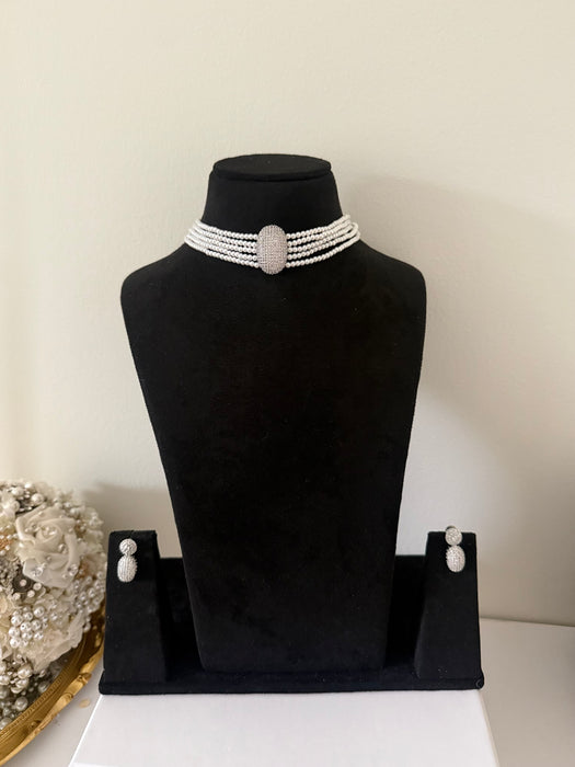 Silver Finish Indian Choker Set- Choker, 2 Sets of Earrings, Ring & Bracelet