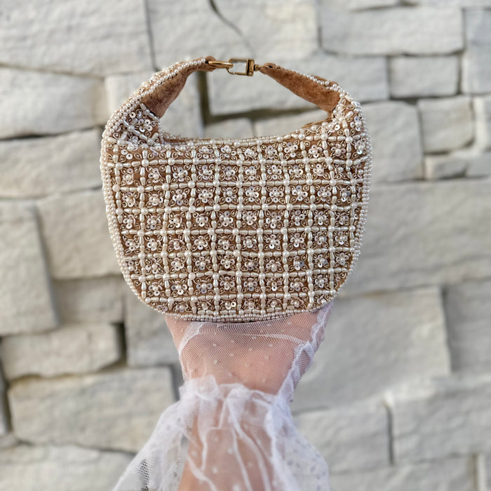 Beaded Bridal Top Handle Bag: Natural Tone Handmade Wedding Clutch