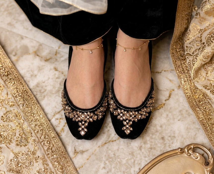 Handmade Black Velvet Crystal Khussa Juttis: Pakistani Bridal Shoes