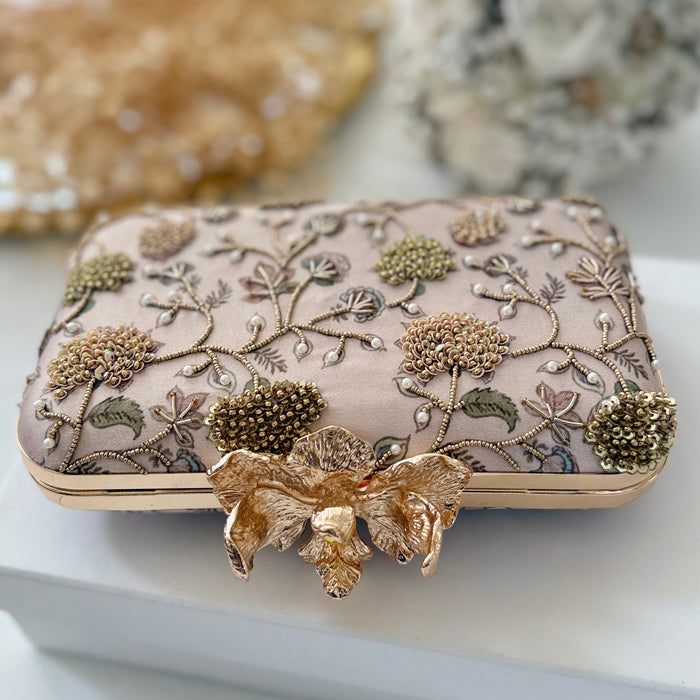 Multicolor Printed Hand-Embroidered Clutch Bag, Dusty Link Floral Evening Purse