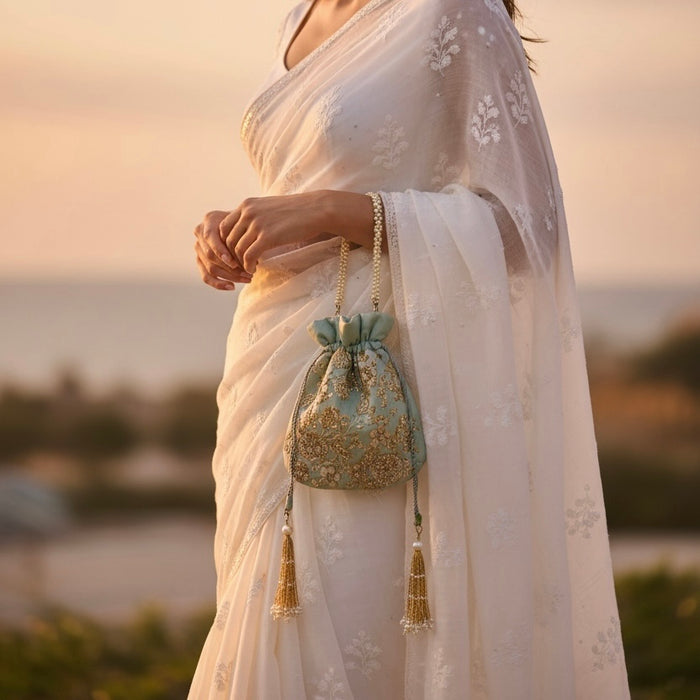Mint Zardosi Work Bridal Potli Bag: Indian Wedding Evening Bag