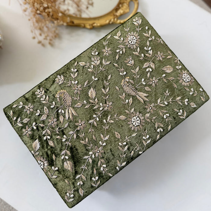 Olive Green Zardozi Work Trousseau Box - Bird Theme Keepsake Box