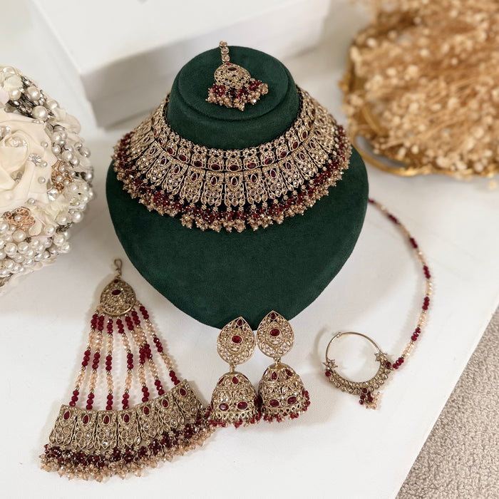 Antique Gold Plated Reverse AD Bridal Set- Maroon Bridal Necklace Set