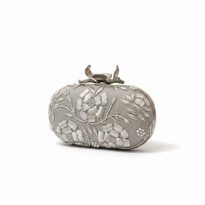 Silver Floral Zardosi Clutch: Raw Silk Bridal Evening Bag
