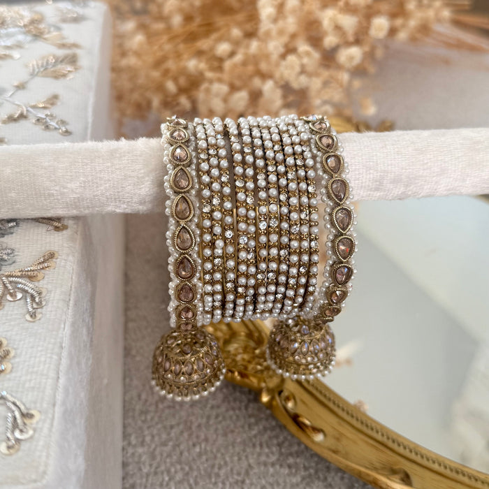 Beaded Bangle Set : White and Gold Bangle Set of 12