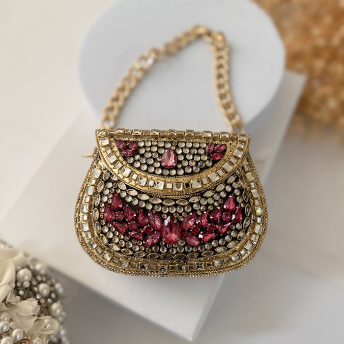 Hot Pink Kundan Mini Clutch: Metal Statement Bag