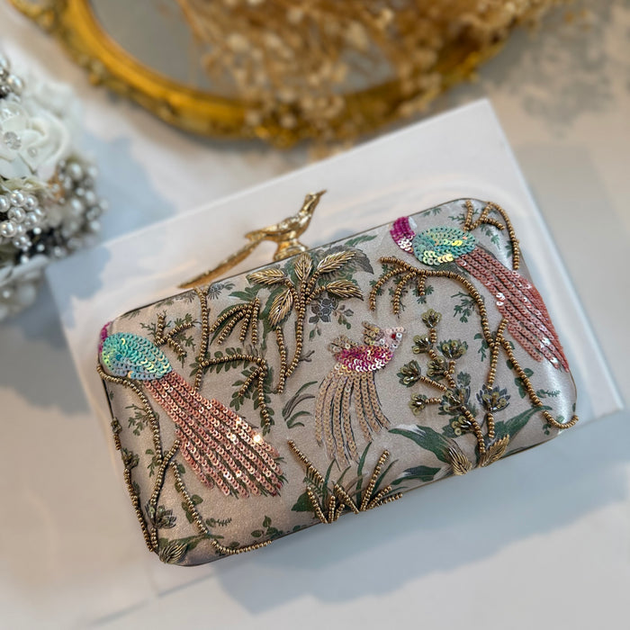 Multicolor Peacock Clutch | Hand-Embroidered Clutch With Bird Knob