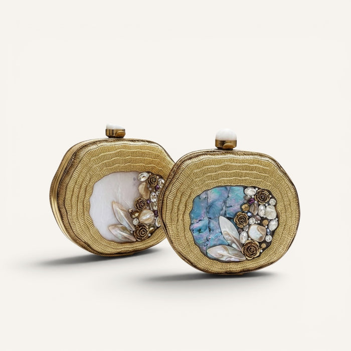 Floral Mother of Pearl Clutch in Ivory with Brass Frame