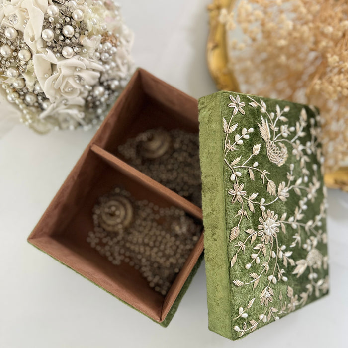 Olive Green Velvet Zardozi Work Kalira Box