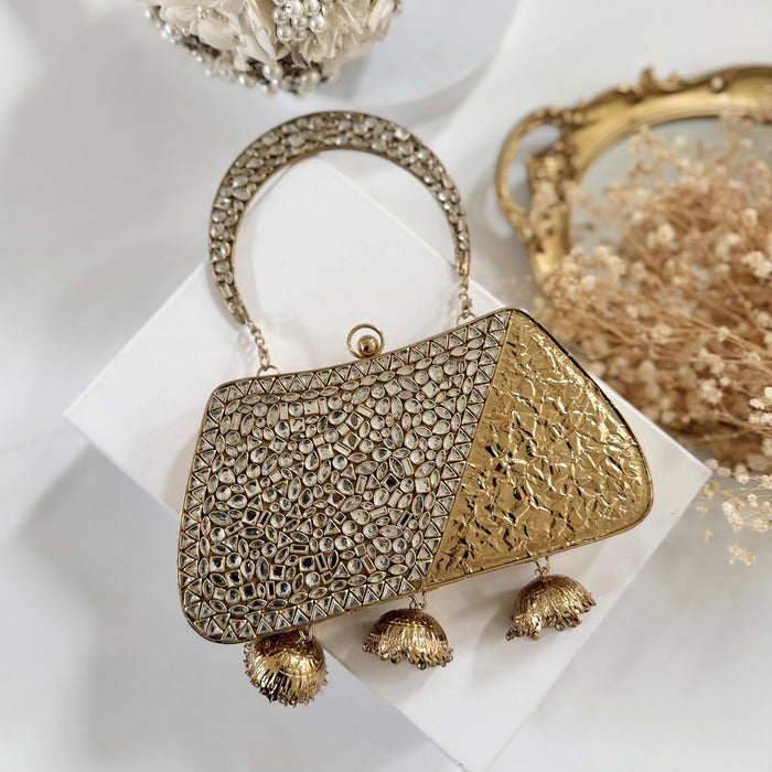 Kundan Brass Clutch with Jhumka: Vintage Style Kundan Handbag