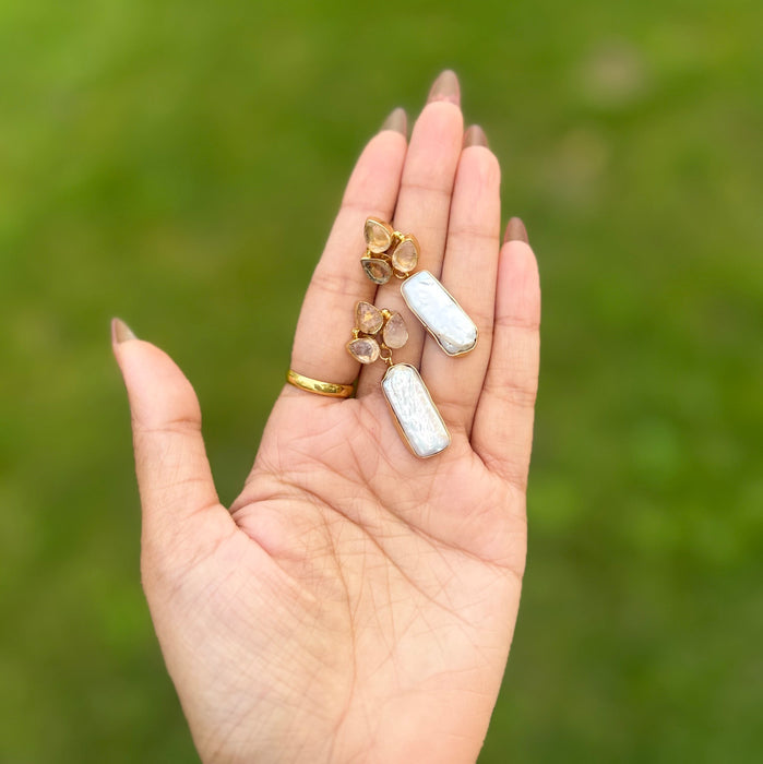 Natural Rose Quartz Mother of Pearl Dangle Earrings