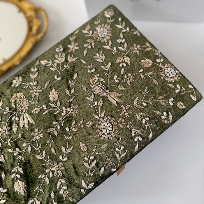 Olive Green Zardozi Work Trousseau Box - Bird Theme Keepsake Box
