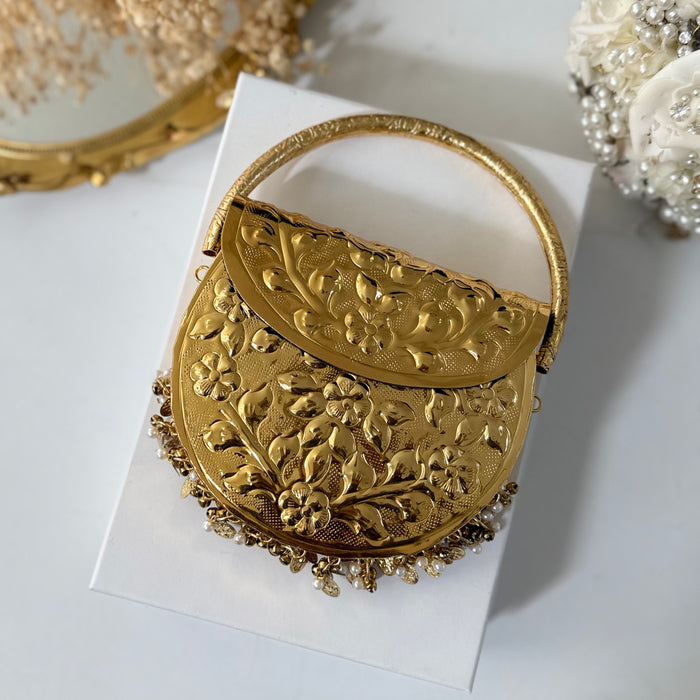 24k Gold Plated Brass Clutch: Vintage Style Top Handle Handbag