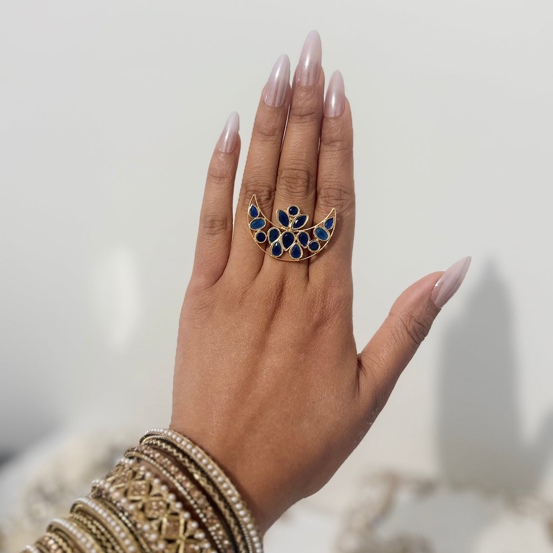 Moon Inspired Ring : Gold Finish Bridal Ring With Kundan and Brass