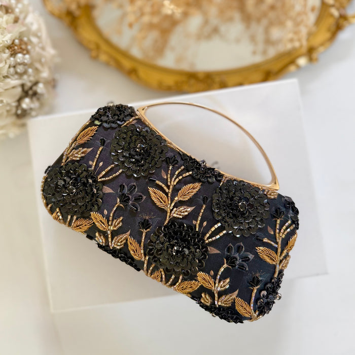 Midnight Blue Floral Clutch: Hand-Embroidered Top Handle Bag