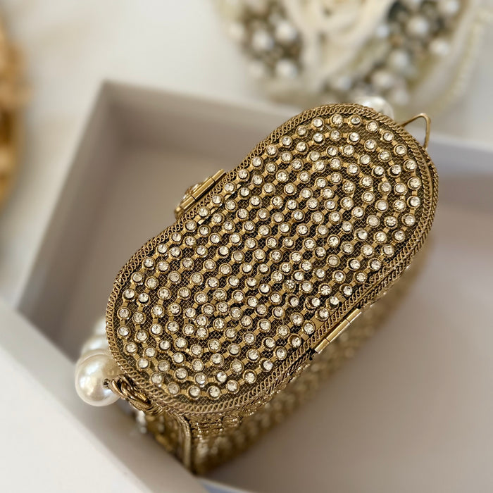 Mini Gold Crystal Bridal Clutch: Pearl Handle Wedding Evening Bag