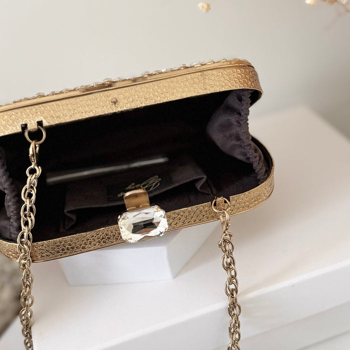 Handmade Kundan Bridal Clutch: Gold Evening Bag with Chain