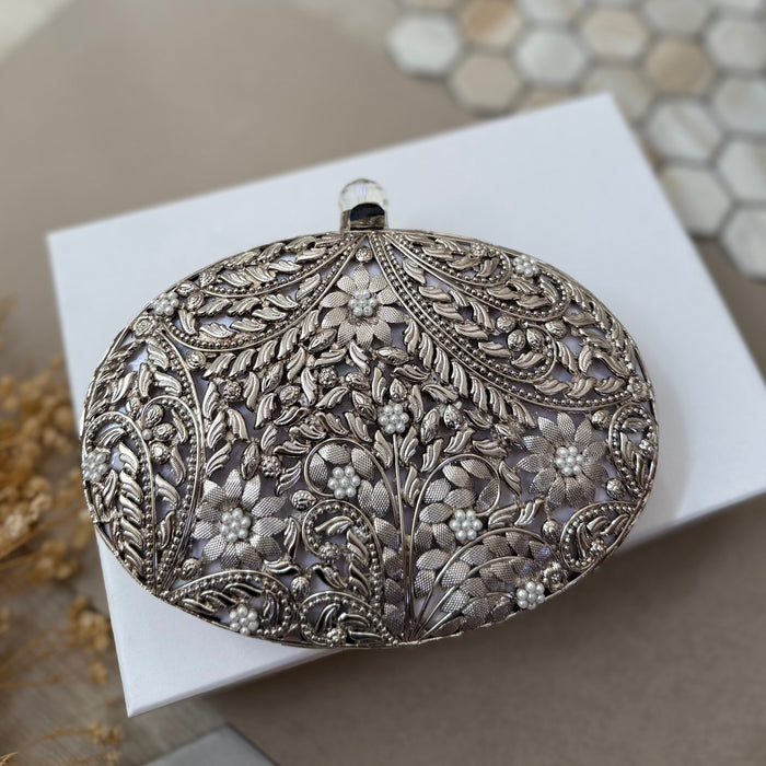 Silver Mother of Pearl Bridal Clutch | Brass Floral Evening Bag