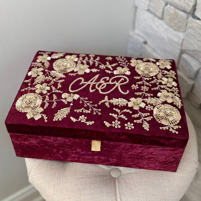Handmade White Velvet Trousseau Box: Bridal Keepsake with Zardozi Embroidery