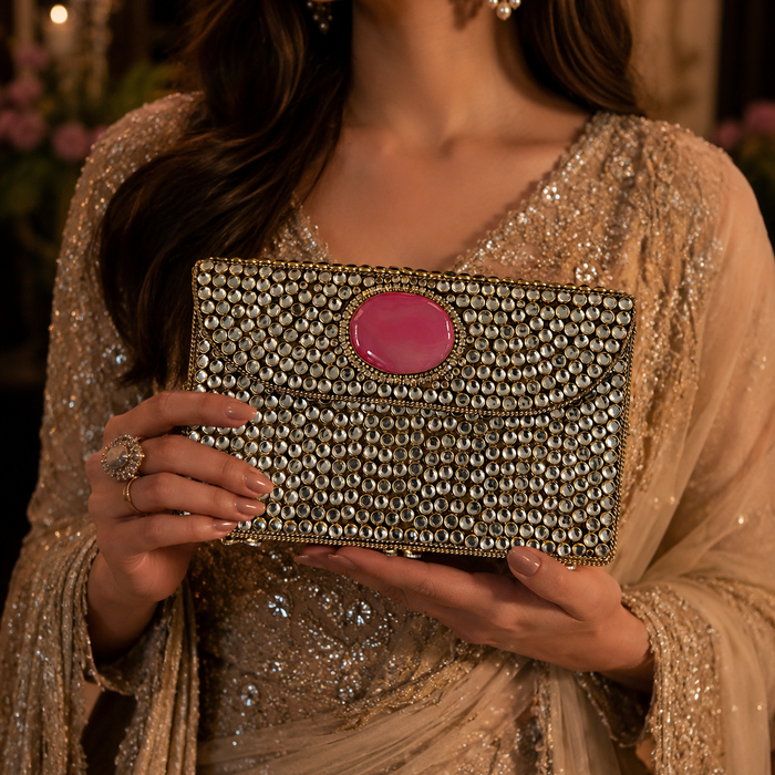 Fuchsia kundan Clutch