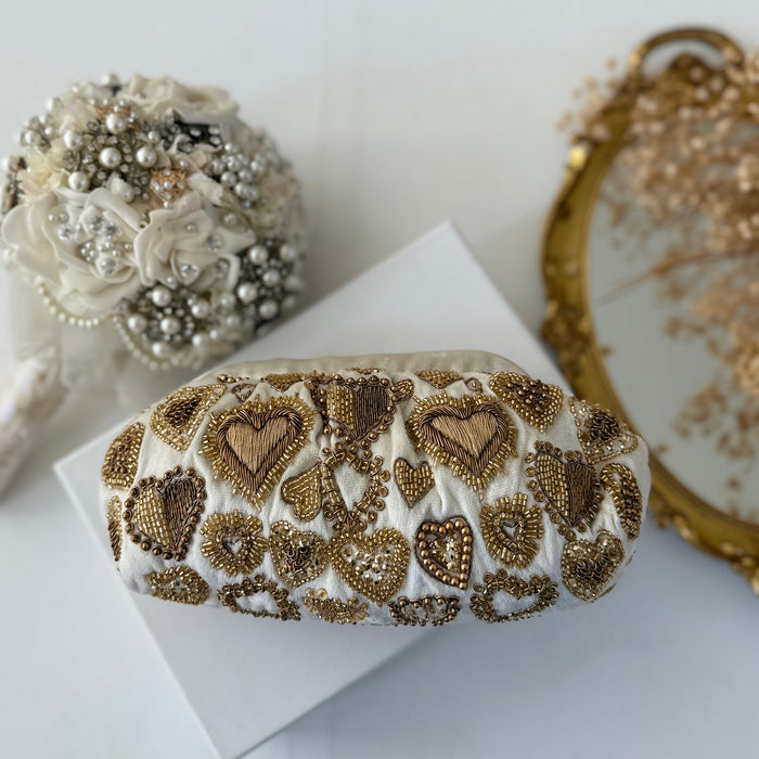 Ivory Velvet Evening Pouch Bag | Traditional Zardosi Embroidery