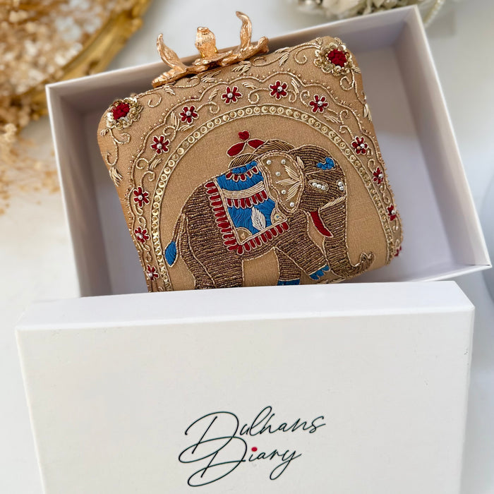 Mughal Inspired Clutch | Zardozi Elephant Motif & Large Flower Knob