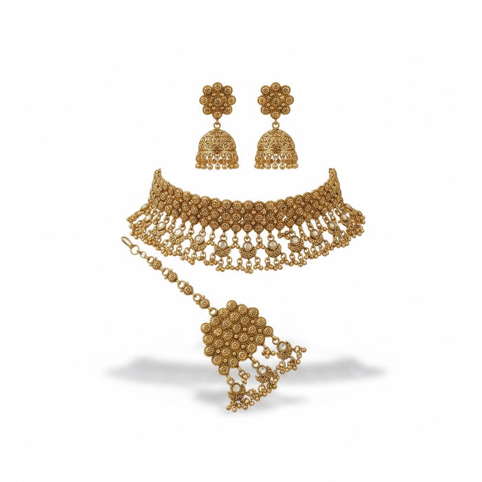 Gold Plated Chocker Set - Choker Set with Earrings and Tikka