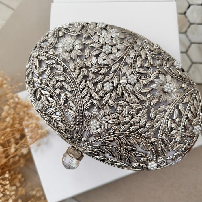 Silver Mother of Pearl Bridal Clutch | Brass Floral Evening Bag