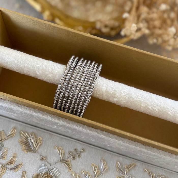 Beaded Bangle Set : White and Silver Bangle Set of 8