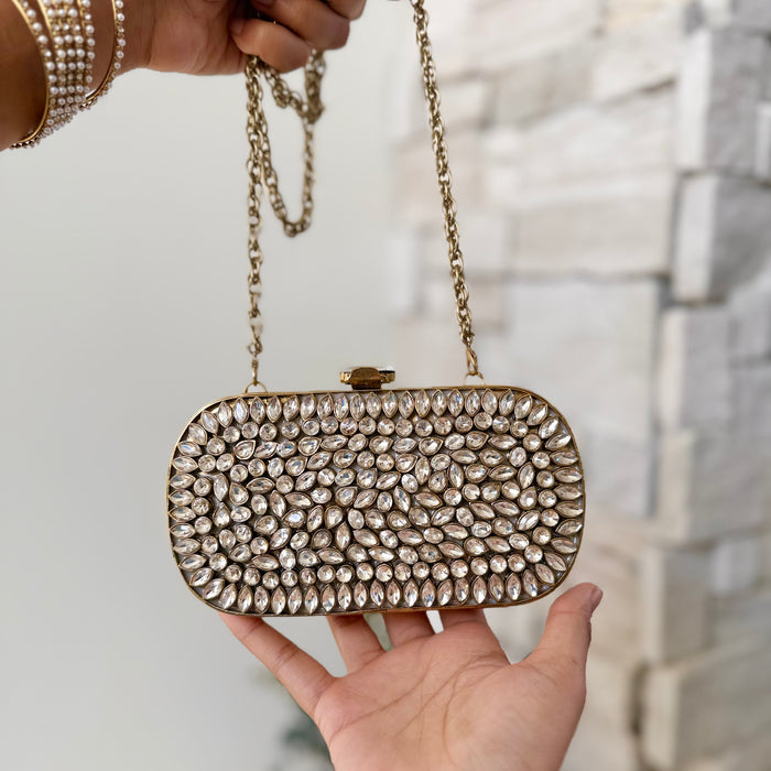 Handmade Kundan Bridal Clutch: Gold Evening Bag with Chain