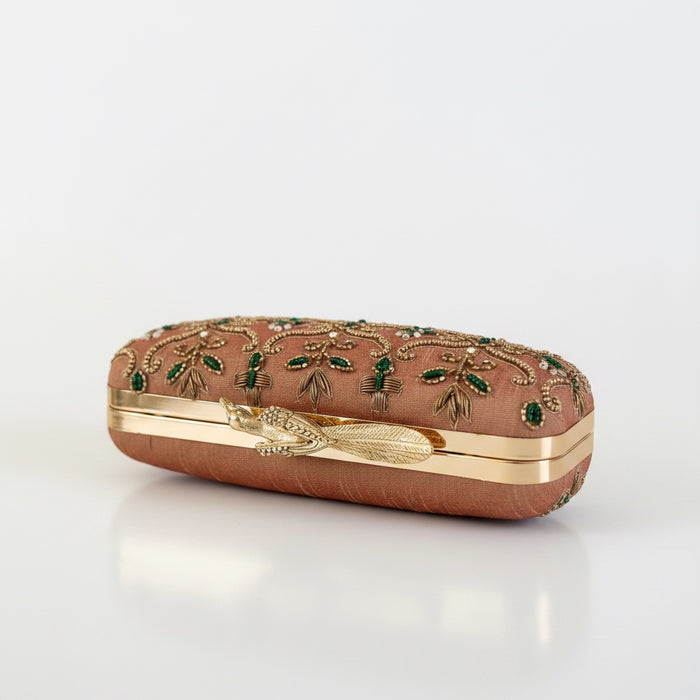 Deep Apricot Bridal Clutch: Hand Embroidered Floral Evening Bag