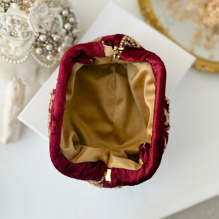 Maroon Velvet Evening Pouch Bag | Traditional Zardosi Embroidery