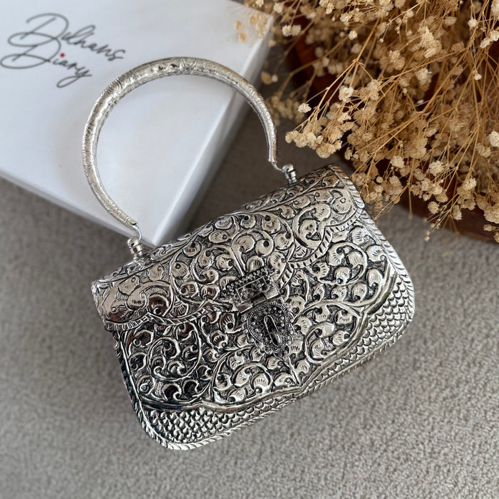 Silver Plated Brass Antique Clutch: Vintage Style Evening Bag With Top Handle