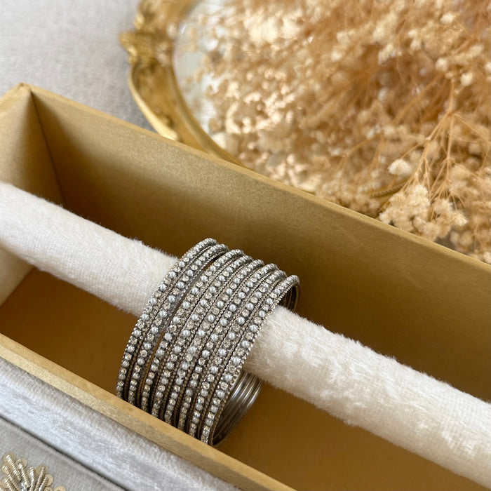 Beaded Bangle Set : White and Silver Bangle Set of 8