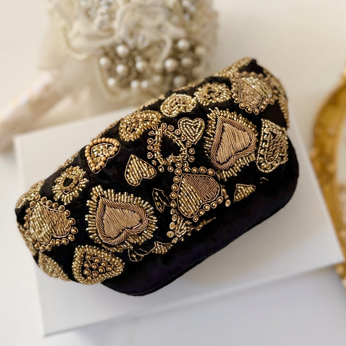 Black Velvet Evening Pouch Bag | Traditional Zardosi Embroidery