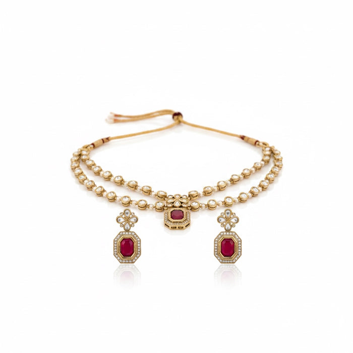 Ruby Red Kundan Necklace Set: Necklace and Earring Set