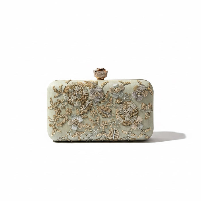 Sage Green Handcrafted Clutch | Dual Tone Zardozi Work