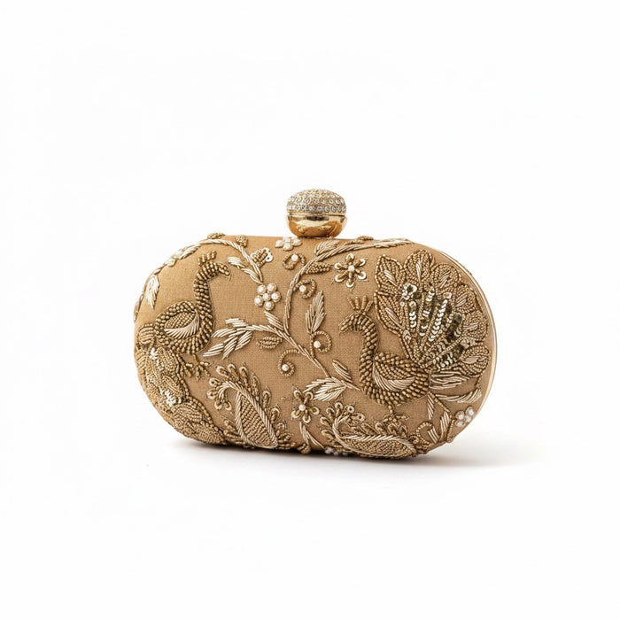Gold Peacock Zardozi Embroidered Clutch|Gold Evening Bag