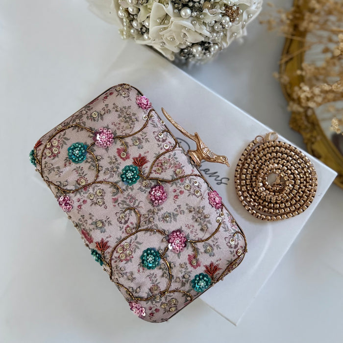 Multi-Color Floral Motif Hand-Embroidered Clutch