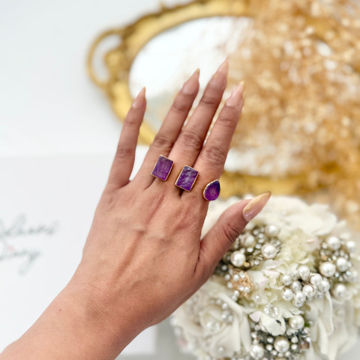 Natural Amethyst Three Stone Ring with Brass - Statement Jewelry
