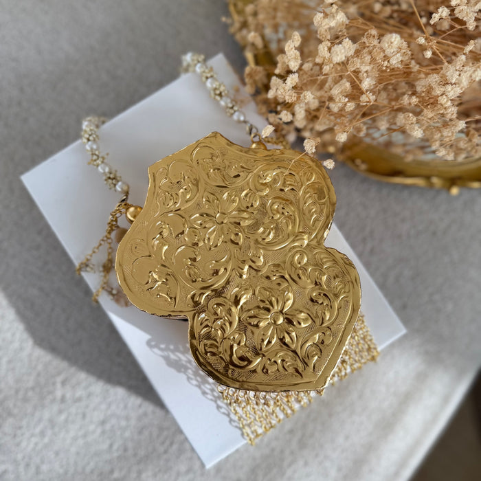 Antique Style Brass Clutch: Gold Vintage Style Floral Handbag
