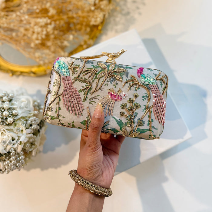Multicolor Peacock Clutch | Hand-Embroidered Clutch With Bird Knob