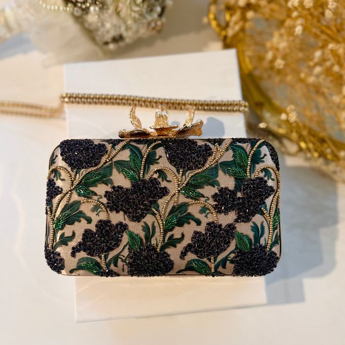Dark Purple Floral Clutch | Hand-Embroidered Floral Evening Bag