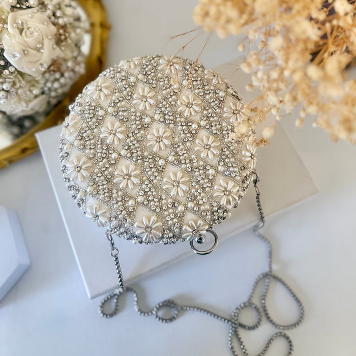 Beaded Bridal Clutch: Ivory Velvet Round Wedding Purse