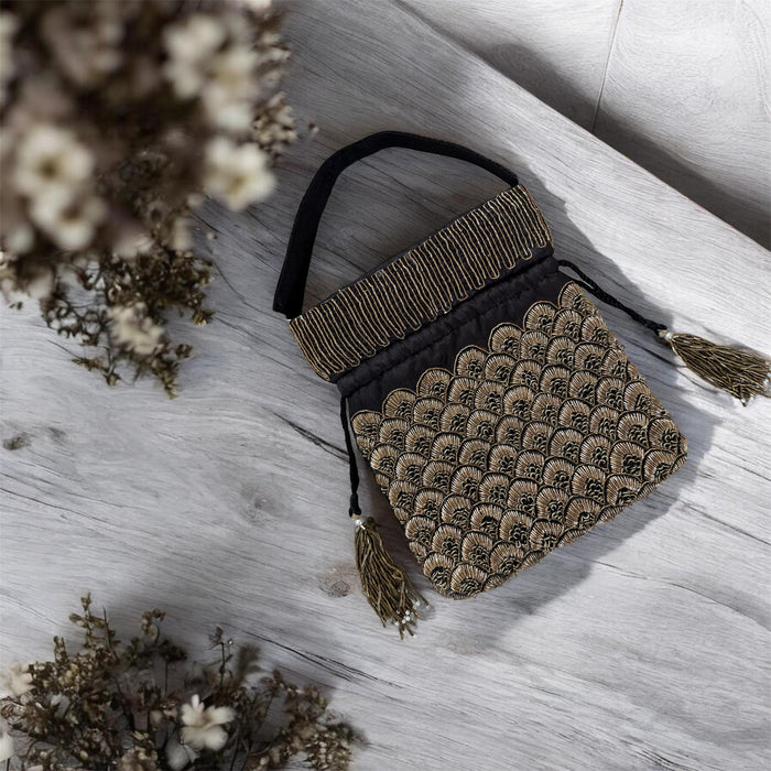 Black Potli Bag – Antique Gold Zardosi Work Evening Bag
