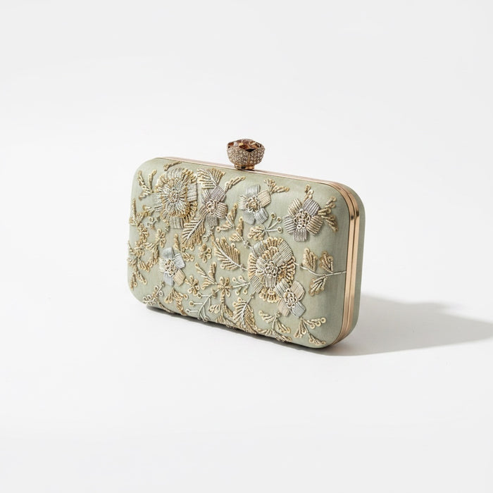 Sage Green Handcrafted Clutch | Dual Tone Zardozi Work