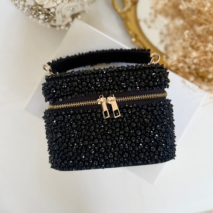 Black Crystal Vanity Case Bag | Suede Bridal Evening Bag