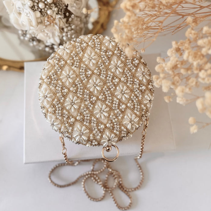 Beaded Bridal Clutch: Ivory Velvet Round Wedding Purse